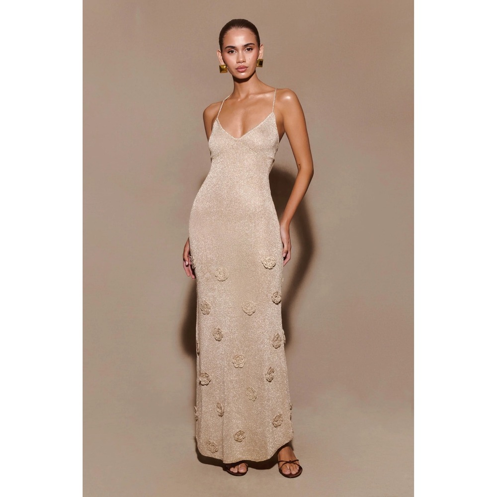 Meshki Suki Metallic Knit Maxi Dress Women Gold 3D Floral Applique SIZE S